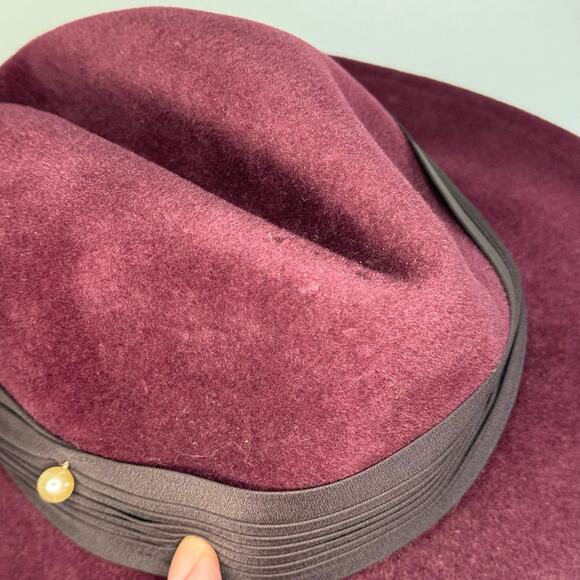 VTG BETMAR New York Fedora Hat For Women 7.5" Felt Wool Wide Brim Pearl Burgundy - Picture 6 of 10